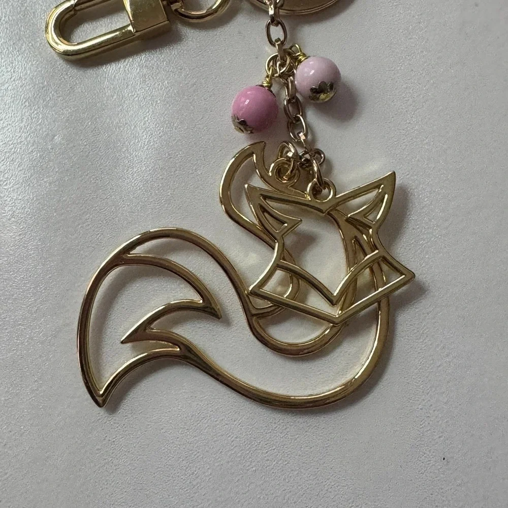 Gold Tone Fox Charm Keychain with Pink Beads‎ and Clip Key Ring Womens